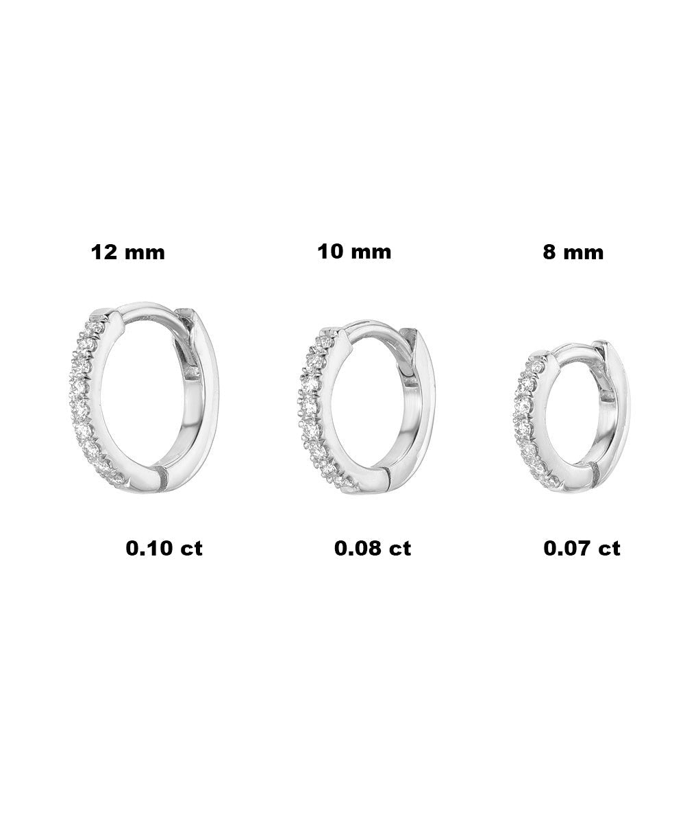 The 14 Karat Yellow Gold Diamond Pave Huggie Hoops are shown in 12 mm (0.10 ct), 10 mm (0.08 ct), and 8 mm (0.07 ct) sizes, each featuring Natural VS1 Diamonds, with labels for size and carat weight.