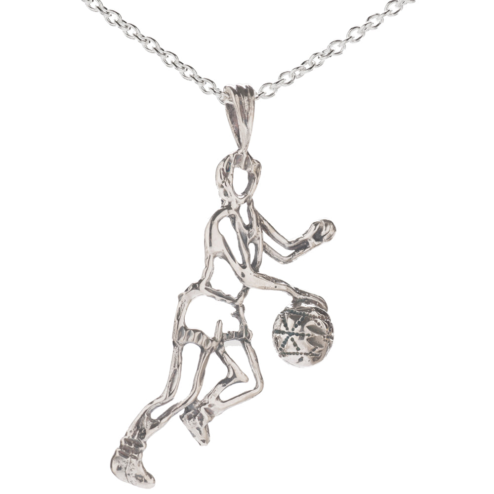 The Sterling Silver Basketball Player Pendant Necklace showcases a stylized openwork design of a player dribbling, making it the perfect sports jewelry for basketball fans and athletes alike.