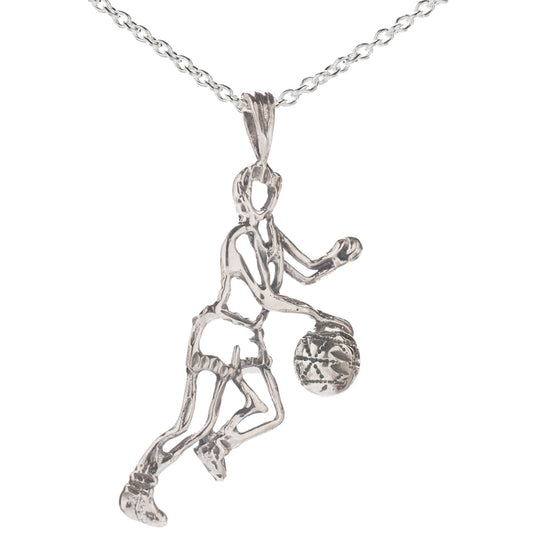 The Sterling Silver Basketball Player Pendant Necklace showcases a stylized openwork design of a player dribbling, making it the perfect sports jewelry for basketball fans and athletes alike.