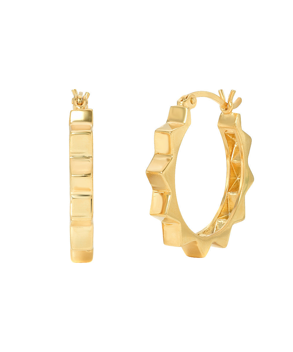 14KT Yellow Gold Pyramid Spike Huggie Hoop Earrings