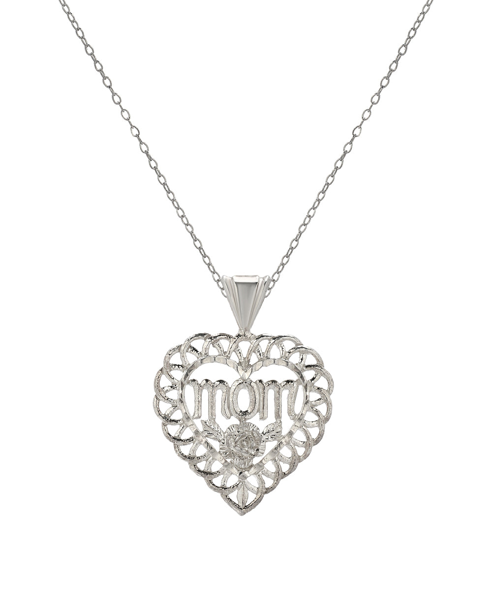 The Sterling Silver Mom Heart Pendant Necklace, 18", features a heart-shaped pendant with "mom" in the center, a floral design below, and an openwork border—making it the perfect piece of mom jewelry for any occasion.