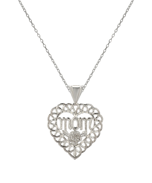 The Sterling Silver Mom Heart Pendant Necklace, 18", features a heart-shaped pendant with "mom" in the center, a floral design below, and an openwork border—making it the perfect piece of mom jewelry for any occasion.