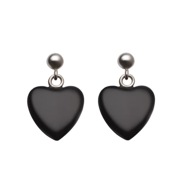 Hand Carved Natural 10 mm Heart Shaped Sterling Silver Black Onyx Drop Earrings