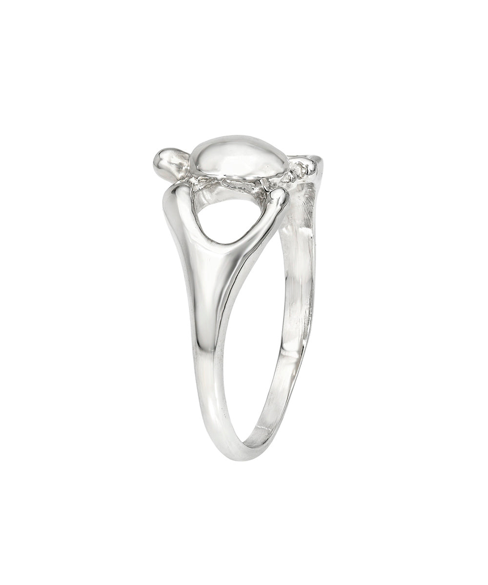 The Sterling Silver Honu Turtle Ring features a smooth oval stone set in a sculptural, openwork band with organic curves, inspired by Hawaiian motifs. Photographed on a white background.