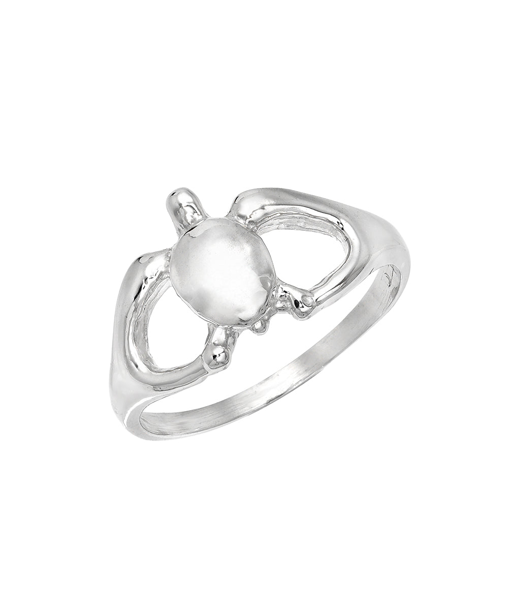The Sterling Silver Honu Turtle Ring showcases an abstract design with a central round detail and open, curved sides, offering a modern, artistic take on ocean-inspired jewelry.