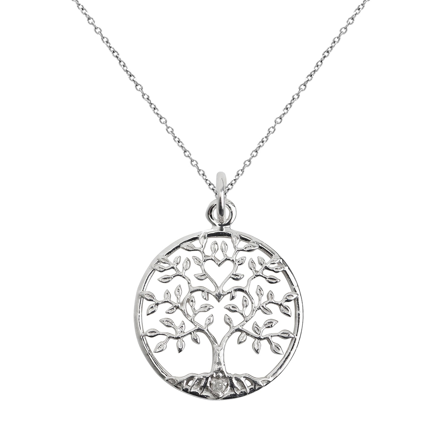 The Sterling Silver Tree of Life Diamond Wisdom and Love Pendant Necklace features a round pendant with detailed branches, leaves, and roots on a delicate chain—a meaningful piece of jewelry shown against a white background.