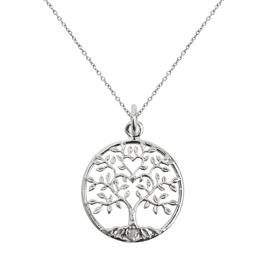 The Sterling Silver Tree of Life Diamond Wisdom and Love Pendant Necklace features a round pendant with detailed branches, leaves, and roots on a delicate chain—a meaningful piece of jewelry shown against a white background.