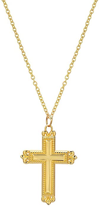 14 Karat Yellow Gold Fleur Cross Pendant Necklace, 18"