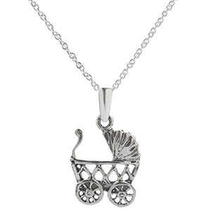Sterling Silver Push Gift Baby Stroller Pendant Necklace, 18"