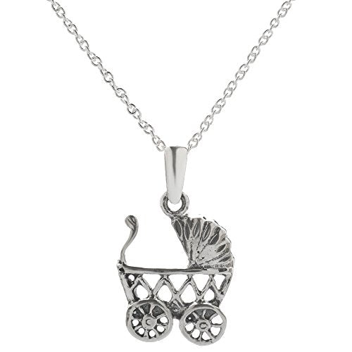 Sterling Silver Push Gift Baby Stroller Pendant Necklace, 18