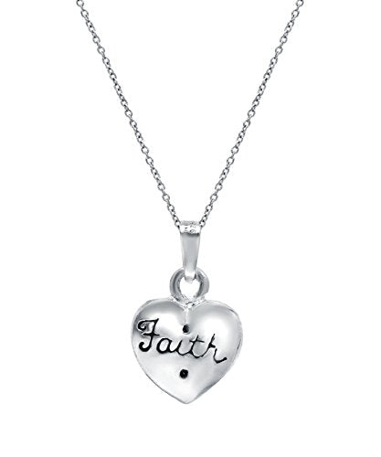 Sterling Silver Faith And Cross On Puff Heart Pendant Necklace, 18