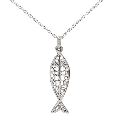 Sterling Silver Ichthys Fish Pendant Necklace, 18