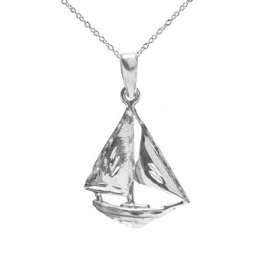 Sterling Silver Wooden Sail Boat Pendant Necklace, 18