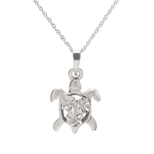 Sterling Silver Plumeria Turtle Pendant Necklace, 18"