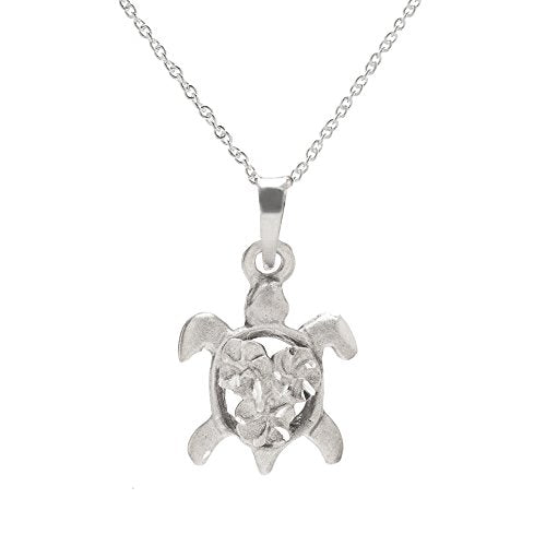 Sterling Silver Plumeria Turtle Pendant Necklace, 18
