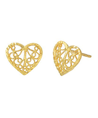 14 Karat Yellow Gold Heart Filigree Stud Earrings
