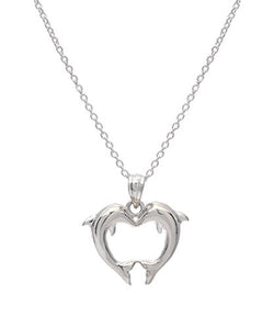 Sterling Silver Kissing Dolphins Heart Pendant Necklace, 18"
