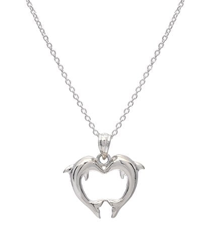 Sterling Silver Kissing Dolphins Heart Pendant Necklace, 18