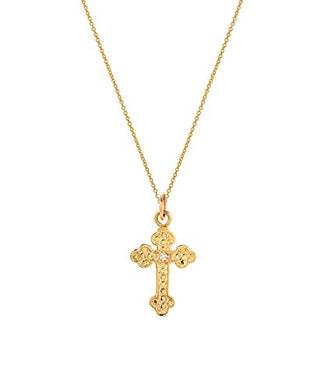 14 Karat Yellow Gold and Diamond Orthodox Cross Pendant Necklace, 18