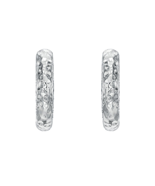 14 Karat White Gold 2 mm Wide Hammer Finish Huggie Hoops